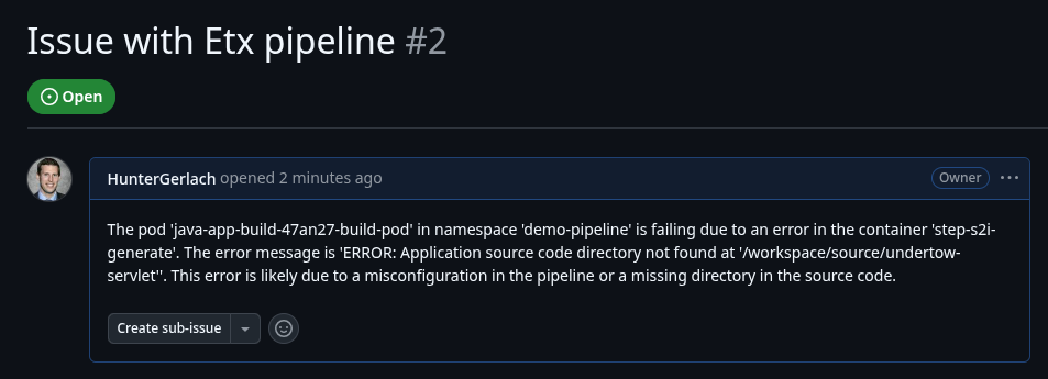 Example of a GitHub issue created by the agent’s full ReAct flow