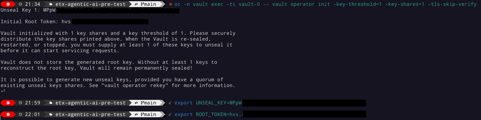 Vault initialization output showing unseal key and root token